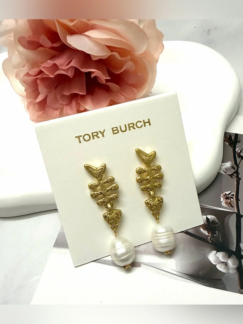 Tory Burch Gold-tone Drop Earrings with White Pearls